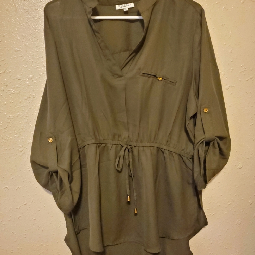 Olive Blouse Gold buttons 1X